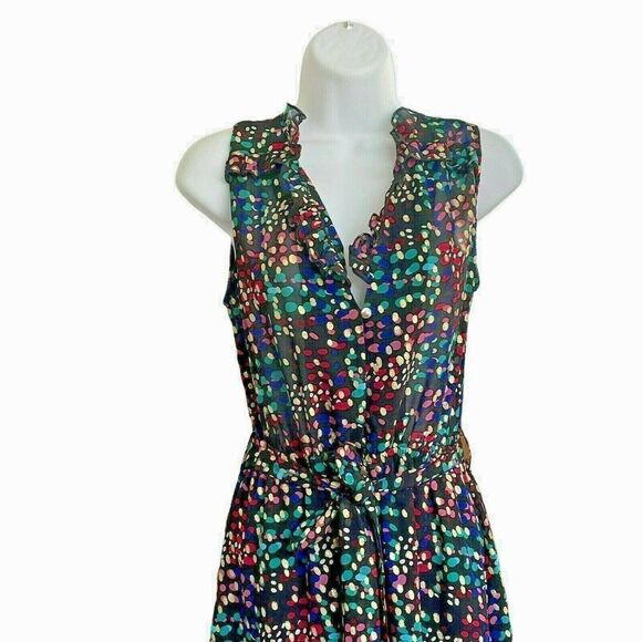 Molly Bracken Premium Dress XS Black Confettis V-Neck Ruffled Lined Belted - Picture 2 of 9